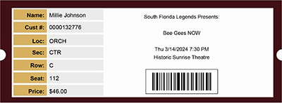 Concert ticket for Bee Gees Now tribute band at the Sunrise Theatre, Fort Pierce Florida on 14 March 2024